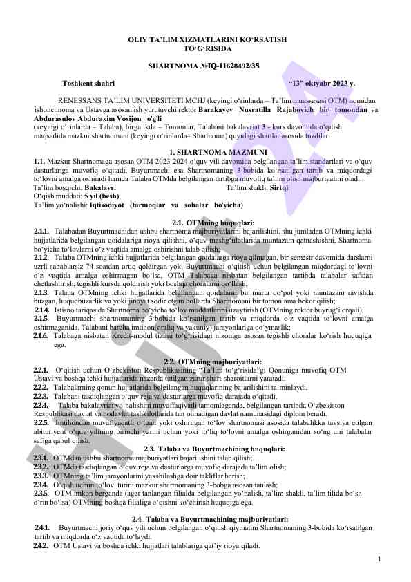 Oliy ta'lim xizmatlarini ko'rsatish to'g'risida shartnoma