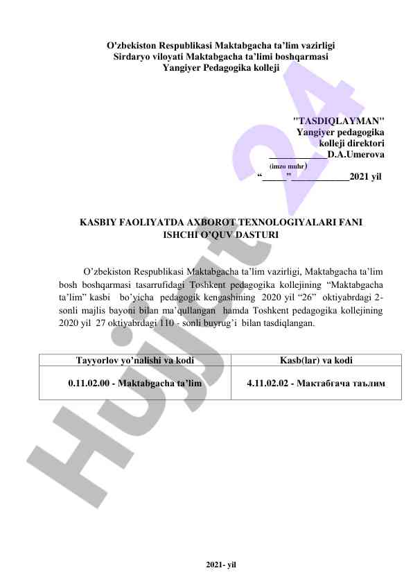 Kasbiy faoliyatda axborot texnologiyalari fani dasturi
