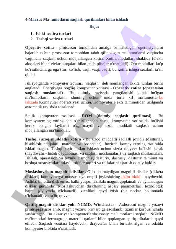 Ma`lumotlarni saqlash qurilmalari bilan ishlash