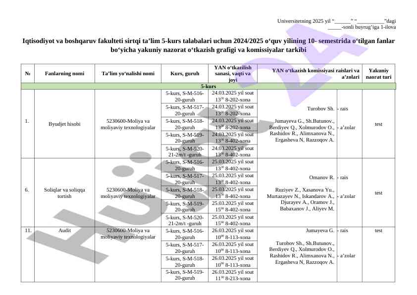 2024/2025 o‘quv yilida yakuniy nazorat grafiki