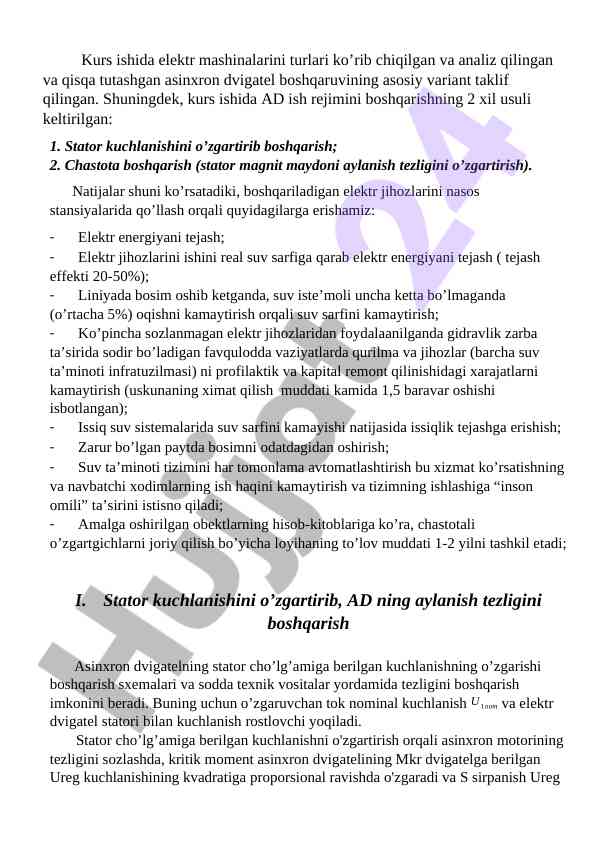 Asinxron dvigatel boshqaruvi va elektr energiya tejash