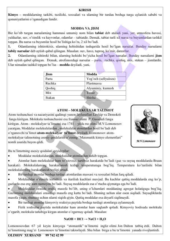Kimyo moddalarning tarkibi va xossalari