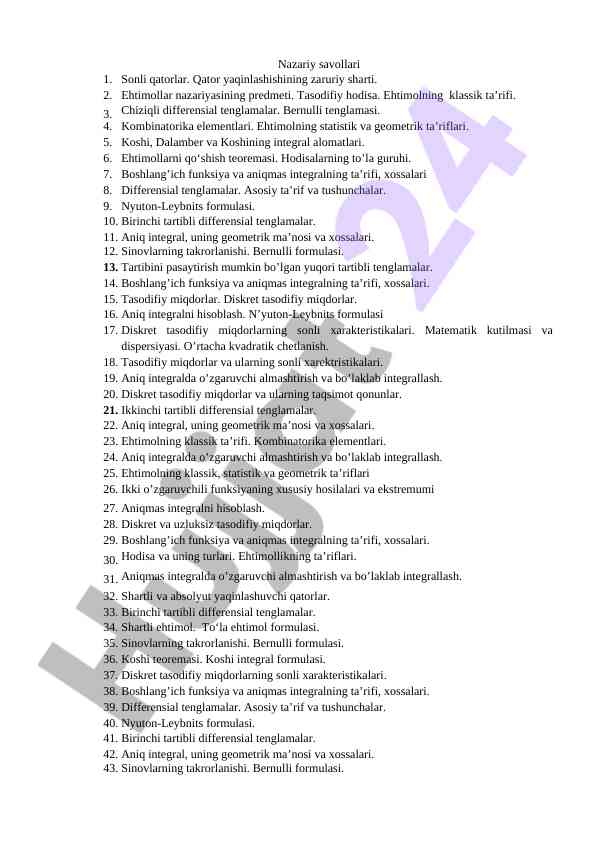 Nazariy savollar va ehtimollar nazariyasi