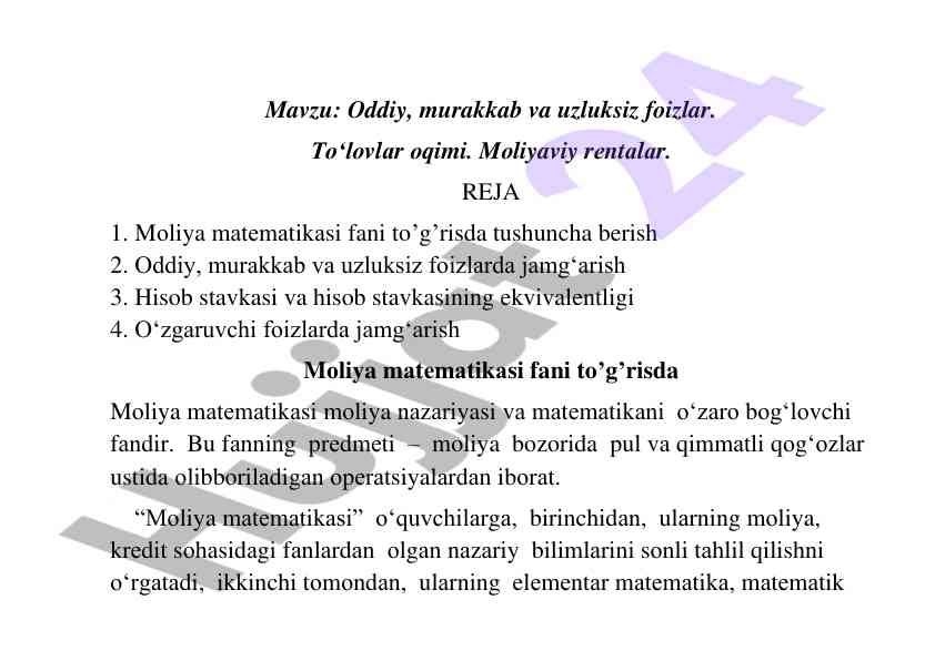Moliya matematikasi va foizlar tahlili