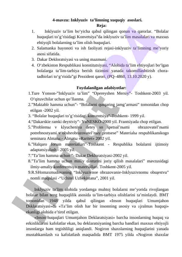 Inklyuziv ta’limning xuquqiy asoslari
