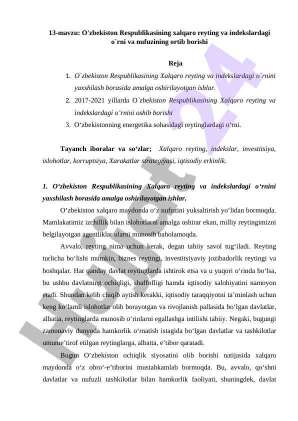 O'zbekistonning xalqaro reytingdagi o'rni va nufuzi