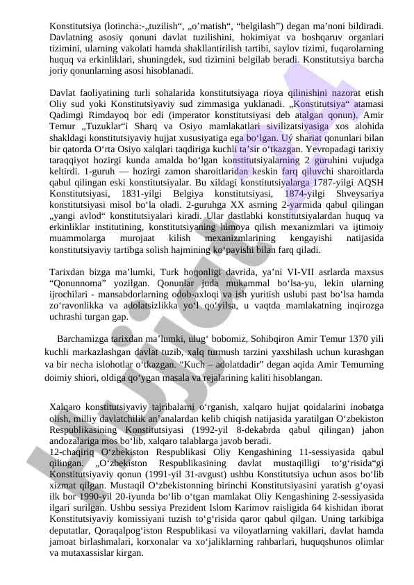 Konstitutsiyaning asosiy vazifalari va xususiyatlari