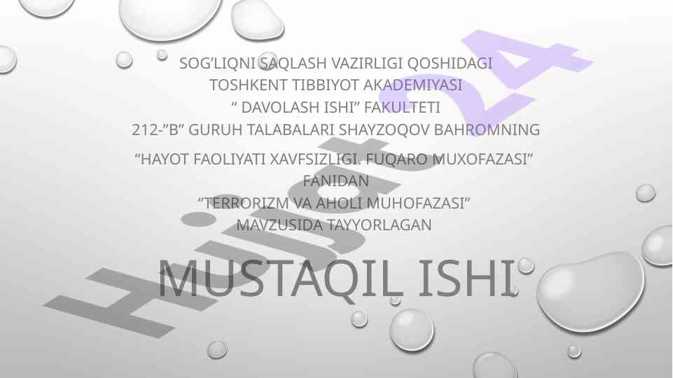 Terrorizm va aholi muhofazasi mavzusida mustaqil ish