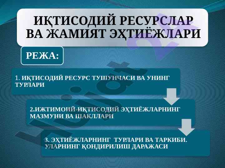 Иқтисодий ресурс тушунчаси ва унинг турлари