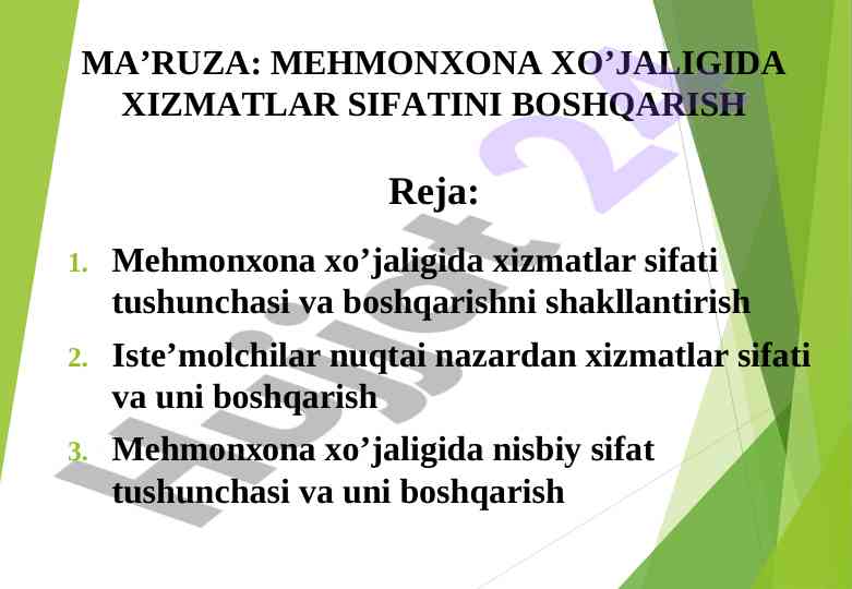 Mehmonxona xizmat sifati va boshqarish rejasi