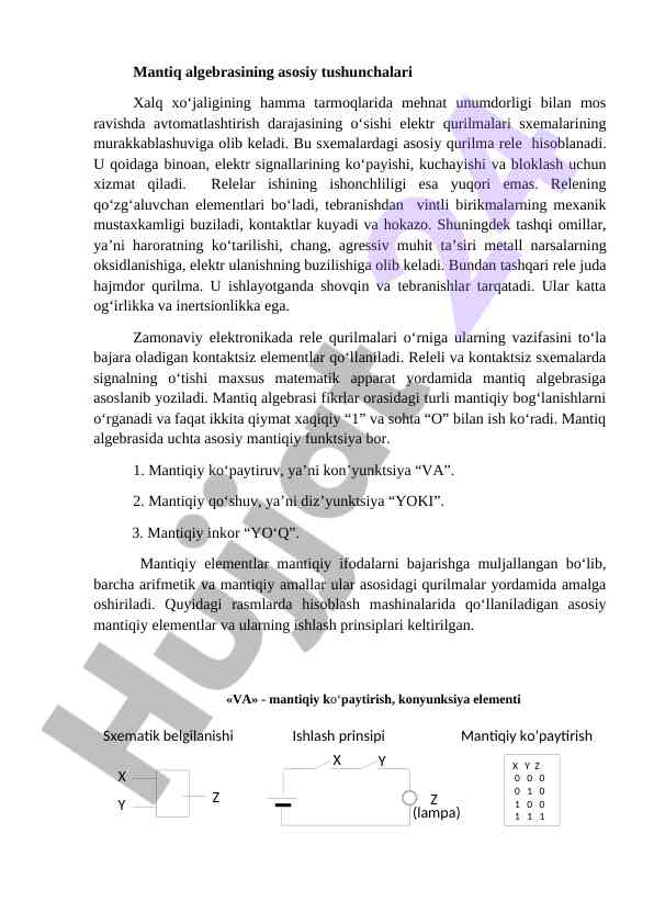 Mantiq algebrasi va elektr qurilmalari asoslari