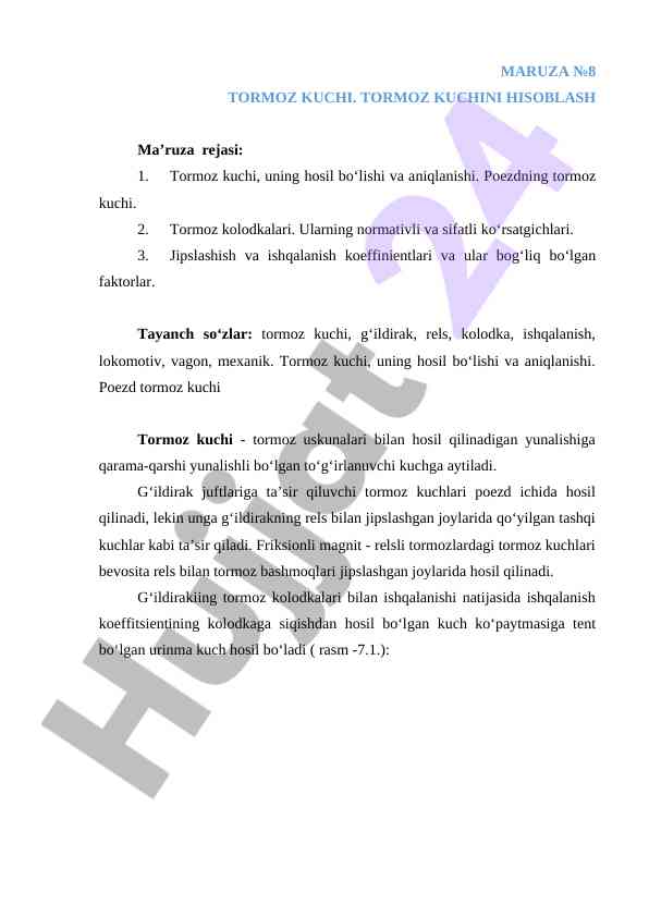 Tormoz kuchini hisoblash ma’ruza rejasi
