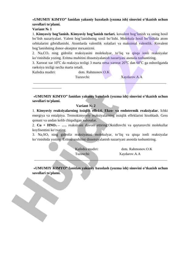 Umumiy Kimyo Fani Savollari To'plami
