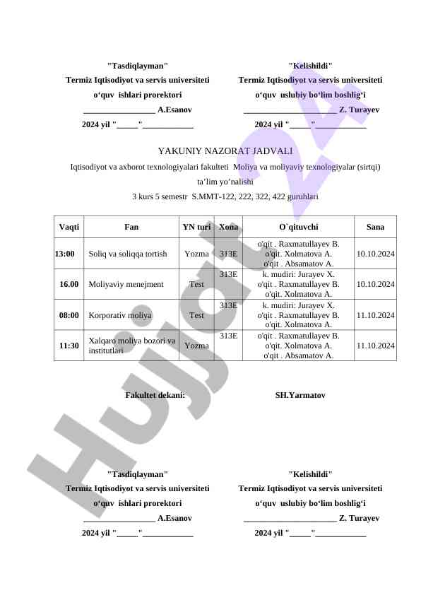 Iqtisodiyot fakulteti yakuniy nazorat jadvali 5 semestr