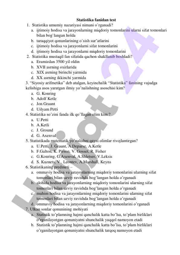 Statistika fanidan test savollari