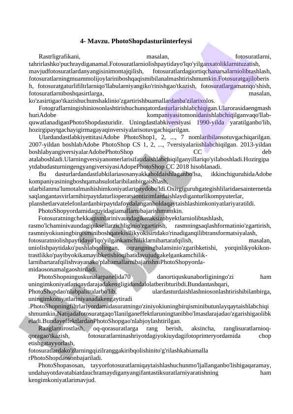 Photoshop dasturi interfeysi va raster grafika
