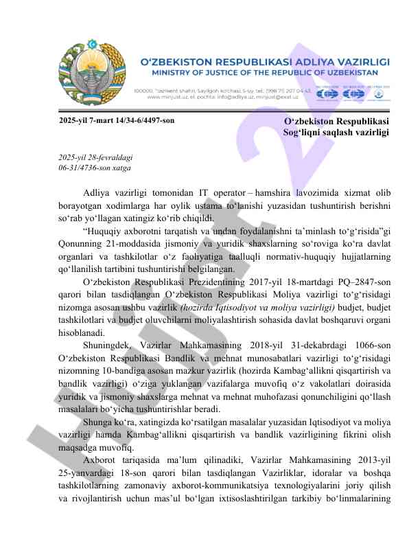 O‘zbekiston respublikasi sog‘liqni saqlash vazirligi xati