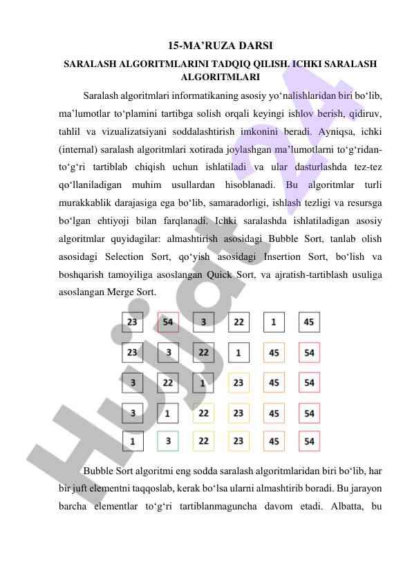 Ichki saralash algoritmlari tahlili va qo‘llanilishi