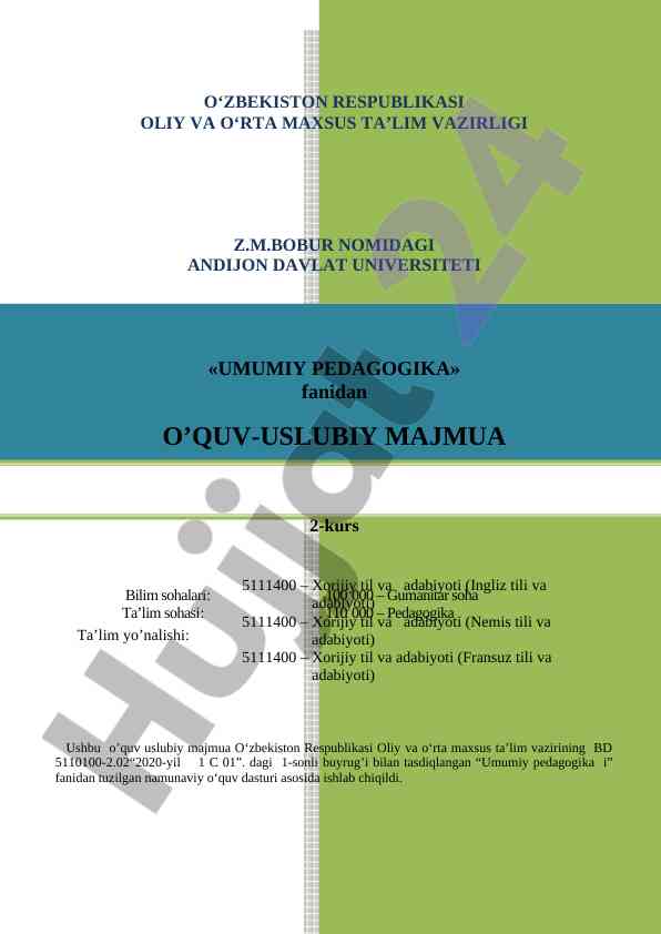 Umumiy pedagogika fanidan o‘quv uslubiy majmua