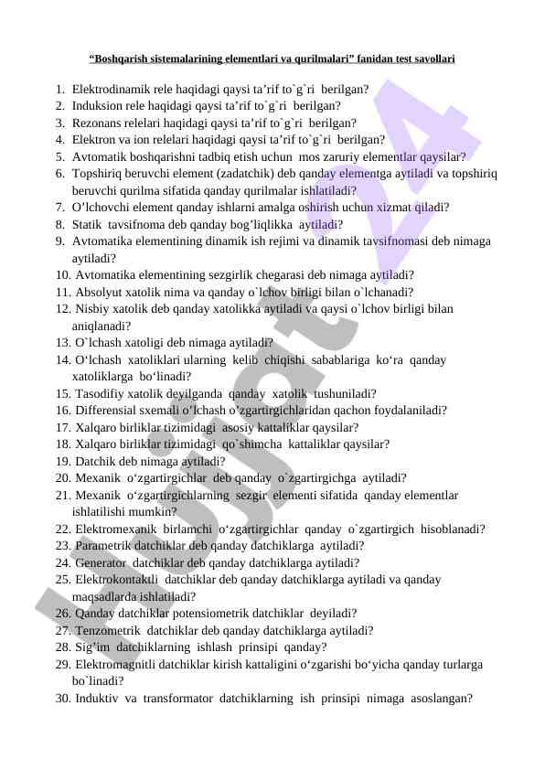 Boshqarish sistemalarining elementlari test savollari