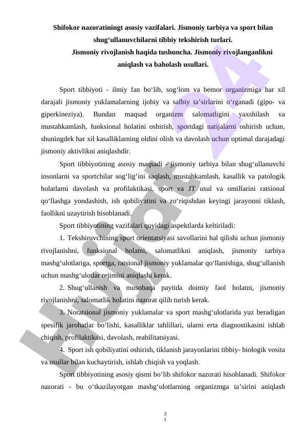 Sport tibbiyotining asosiy vazifalari va usullari