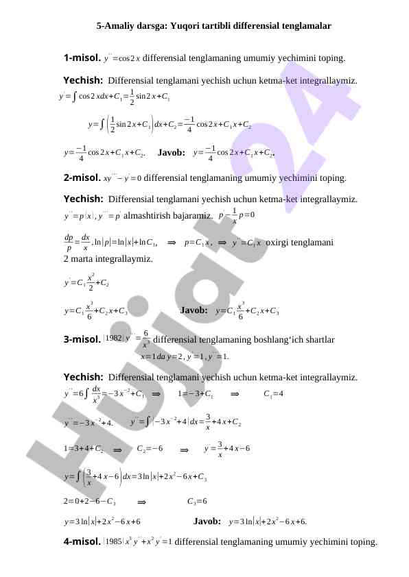 Yuqori tartibli differensial tenglamalar misollari