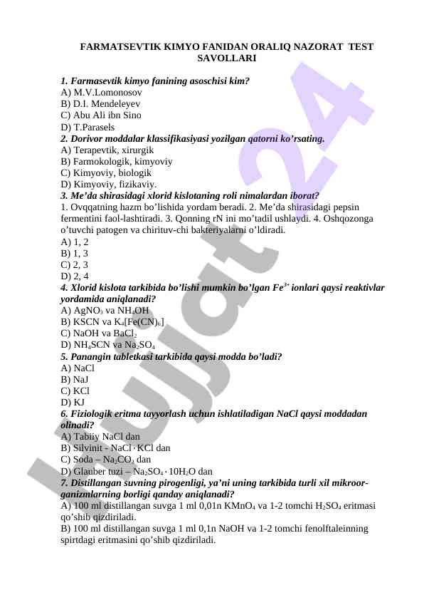 Farmatsevtik kimyo fanidan oralqi nazorat test savollari