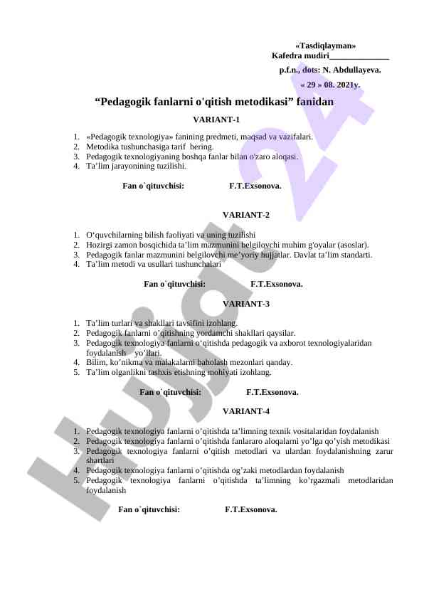 Pedagogik fanlarni o'qitish metodikasi kurs ishlari