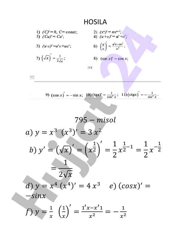 Differentiation examples in mathematical analysis