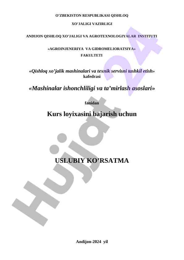 Mashinalar ishonchliligi va ta'mirlash asoslari kursi