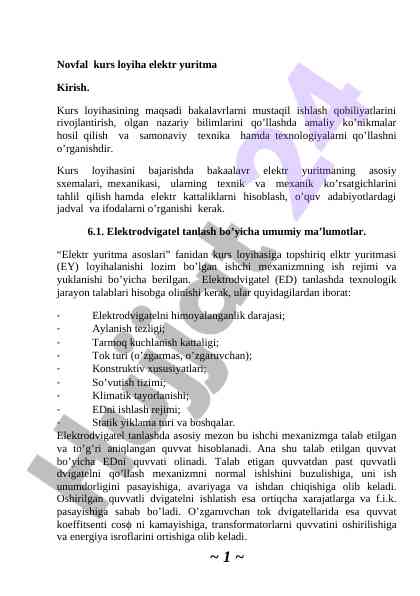Kirish elektr yuritma kurs loyihasi