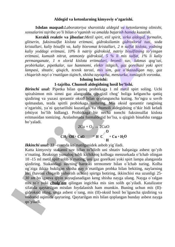 Aldegid va ketonlarning kimyoviy o'zgarishi tajribasi