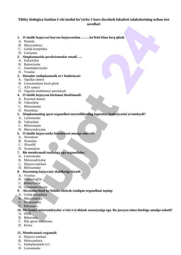 Test savollari tibbiy biologiya fani bo'yicha