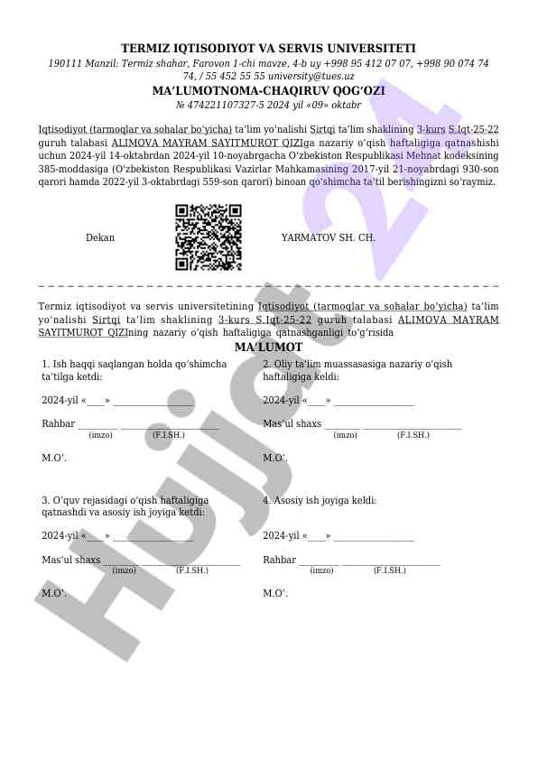 Talabaning nazariy o'qish haftaligiga qatnashuvi