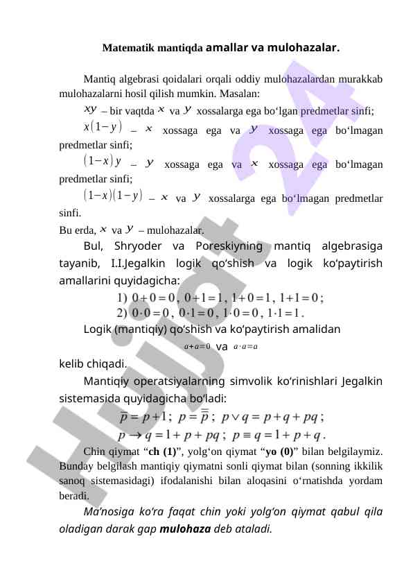 Matematik mantiqda amallar va mulohazalar tahlili