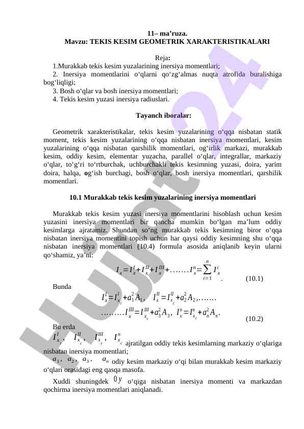 Geometrik xarakteristikalar va inersiya momentlari