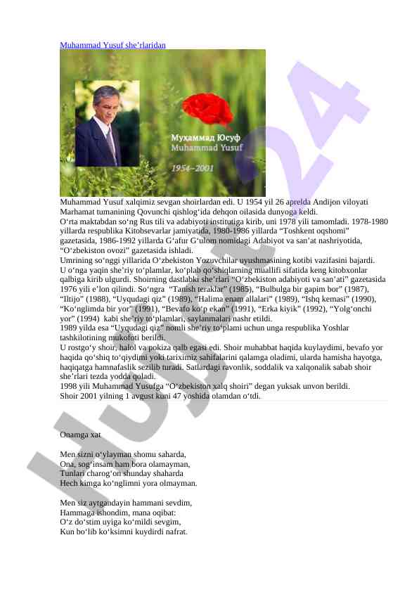 Muhammad yusuf she’rlari va ularning o‘ziga xosligi