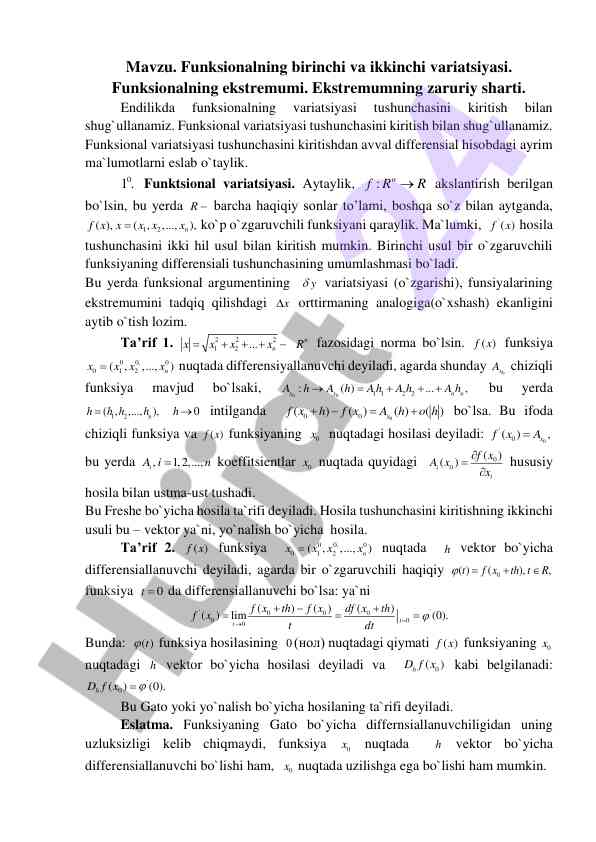 Funksionalning birinchi va ikkinchi variatsiyasi