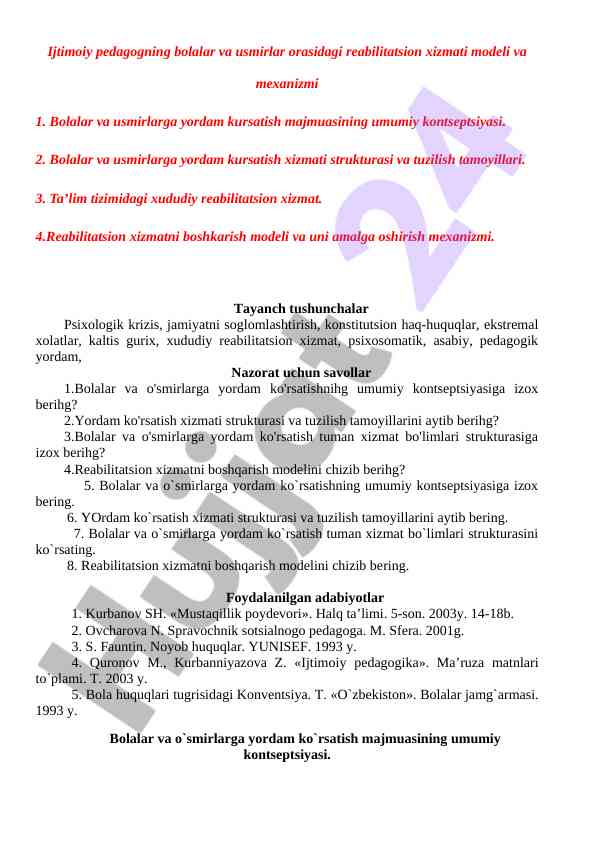 Reabilitatsion xizmatning bоlalar va usmirlar uchun modеli