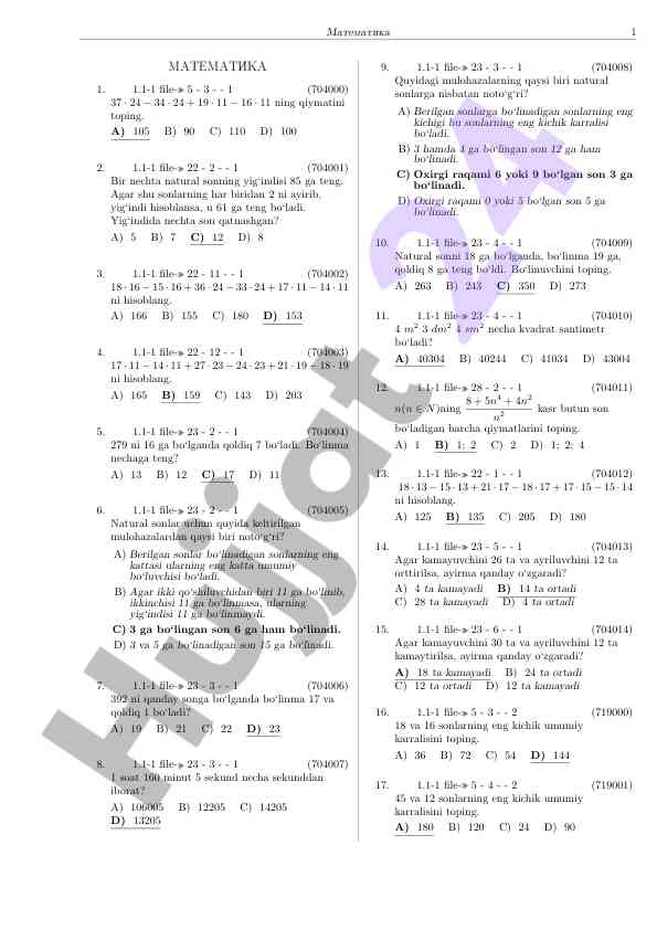 Matematika testlar: yig‘indi hisoblash savollari