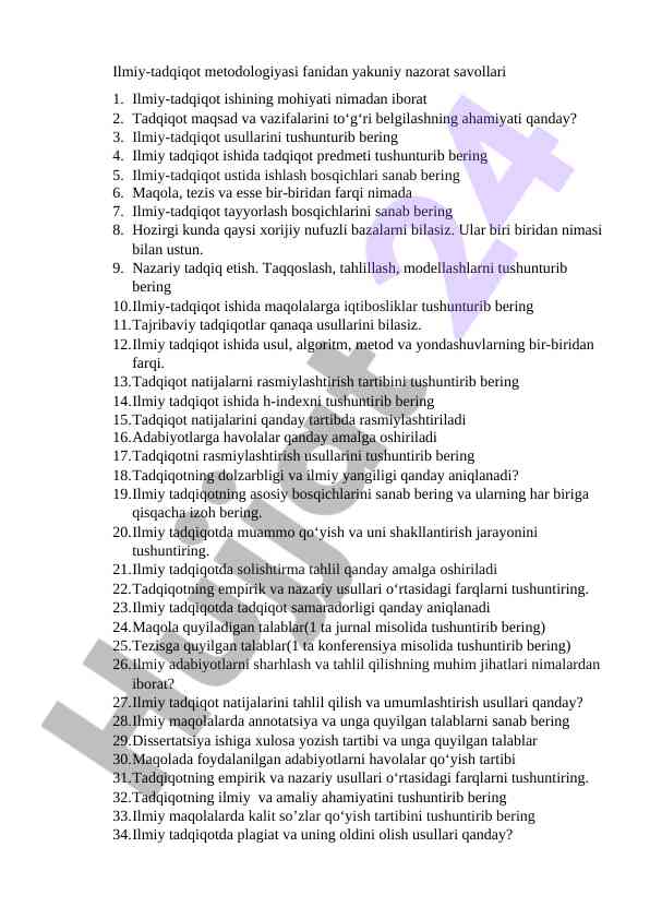 Ilmiy-tadqiqot metodologiyasi savollari