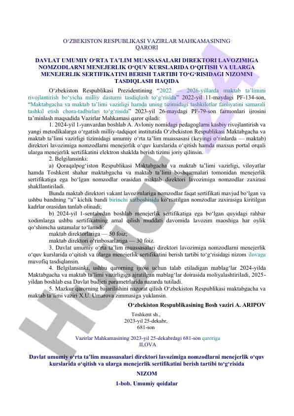 Maktab ta’limi vazirligi uchun menejerlik sertifikati