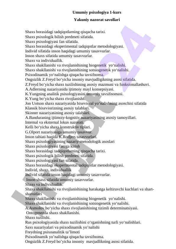 Umumiy psixologiya 1-kurs yakuniy nazorat savollari