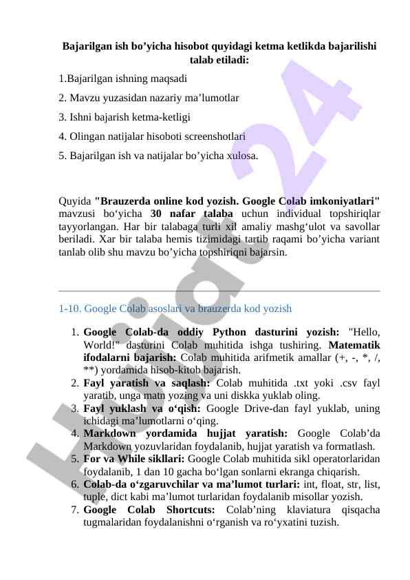 Google colab da kod yozish bo'yicha amaliy mashg'ulotlar