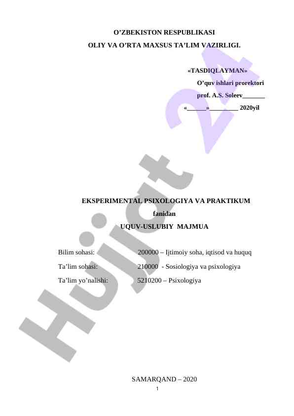 Experimental psixologiya va praktikum uquv-uslubiy majmua
