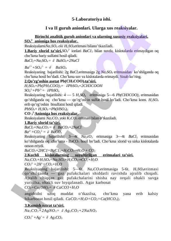 Anionlar reaksiyalari borasida laboratoriya ishi