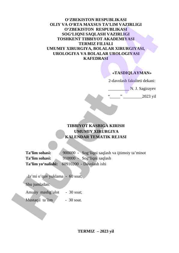 Umumiy xirurgiya kalendar tematik rejasi