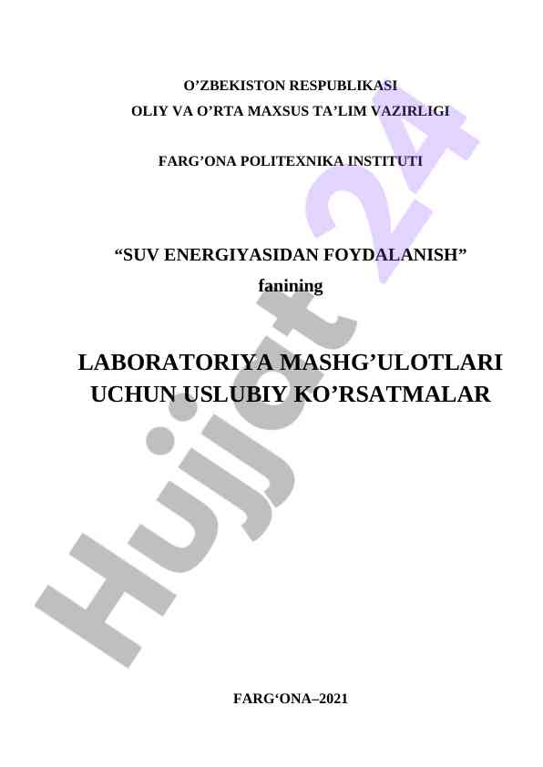Gidroenergetik qurilmalar laboratoriya mashg‘ulotlari