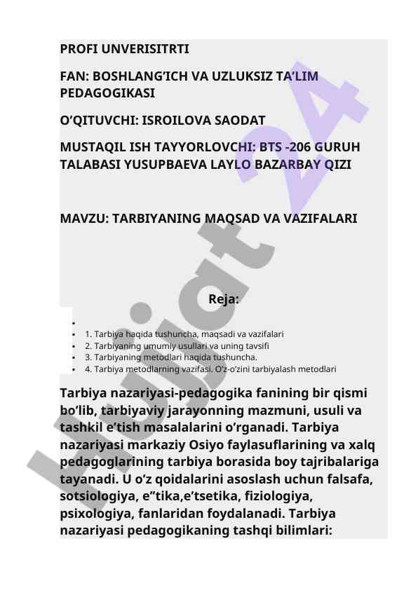 Tarbiyaning maqsad va vazifalari tushunchasi