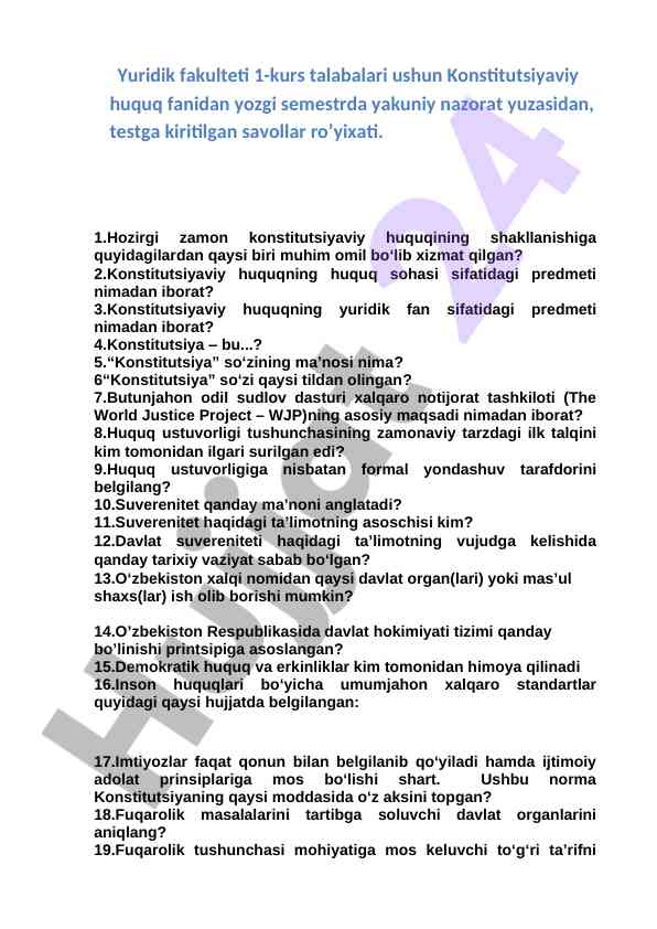 Konstitutsiyaviy huquq fanidan yakuniy nazorat savollari